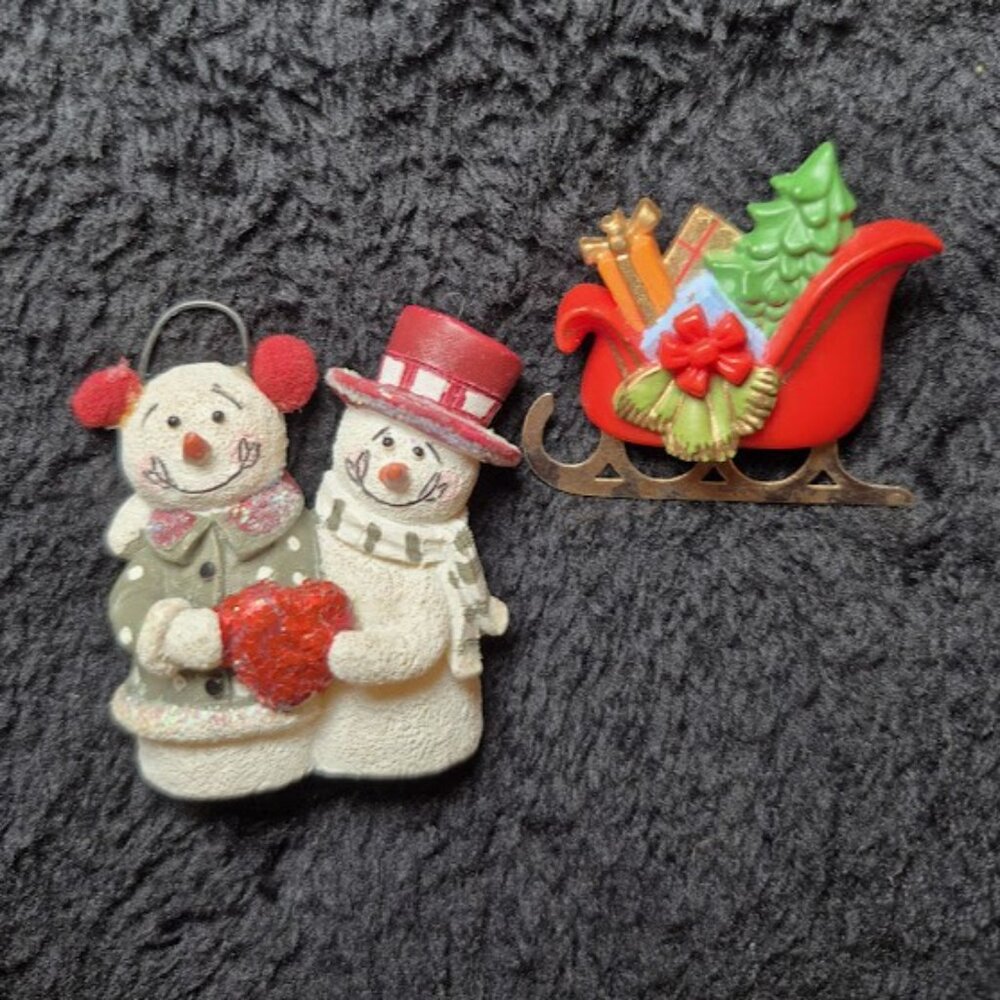 Two Vintage Christmas Pins: Snowmen and Sleigh